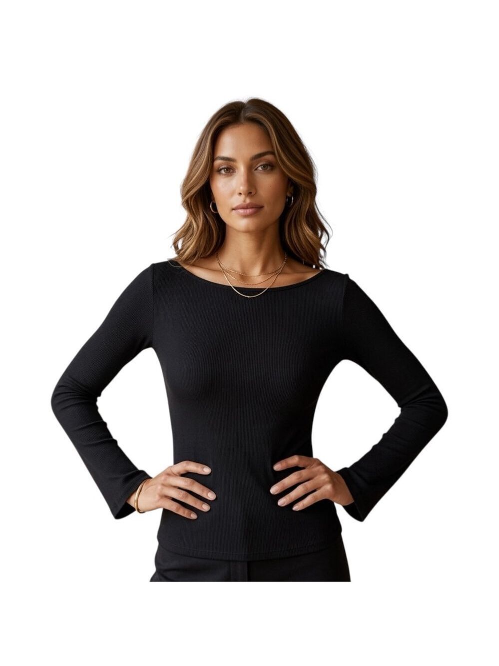 PrettyGarden NWT Black Ribbed Boat Neck Ruched Top Medium